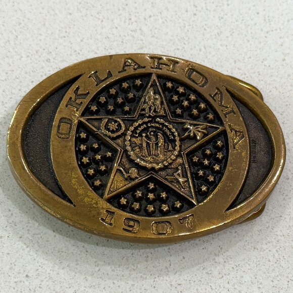 HERITAGE MINT Vintage Solid Brass Belt Buckle OKLAHOMA Star Seal